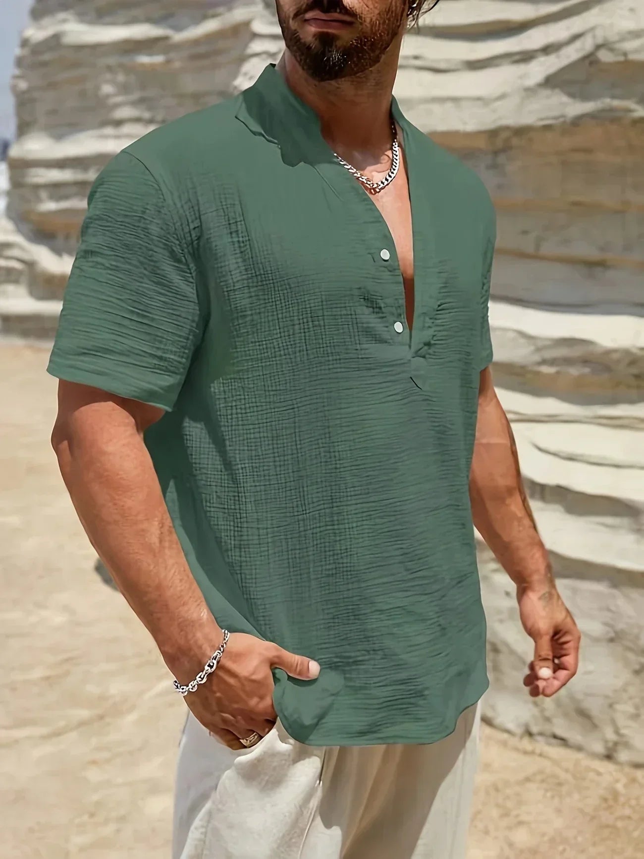 Marcel | Elegancka letnia koszula z wysokim kołnierzem