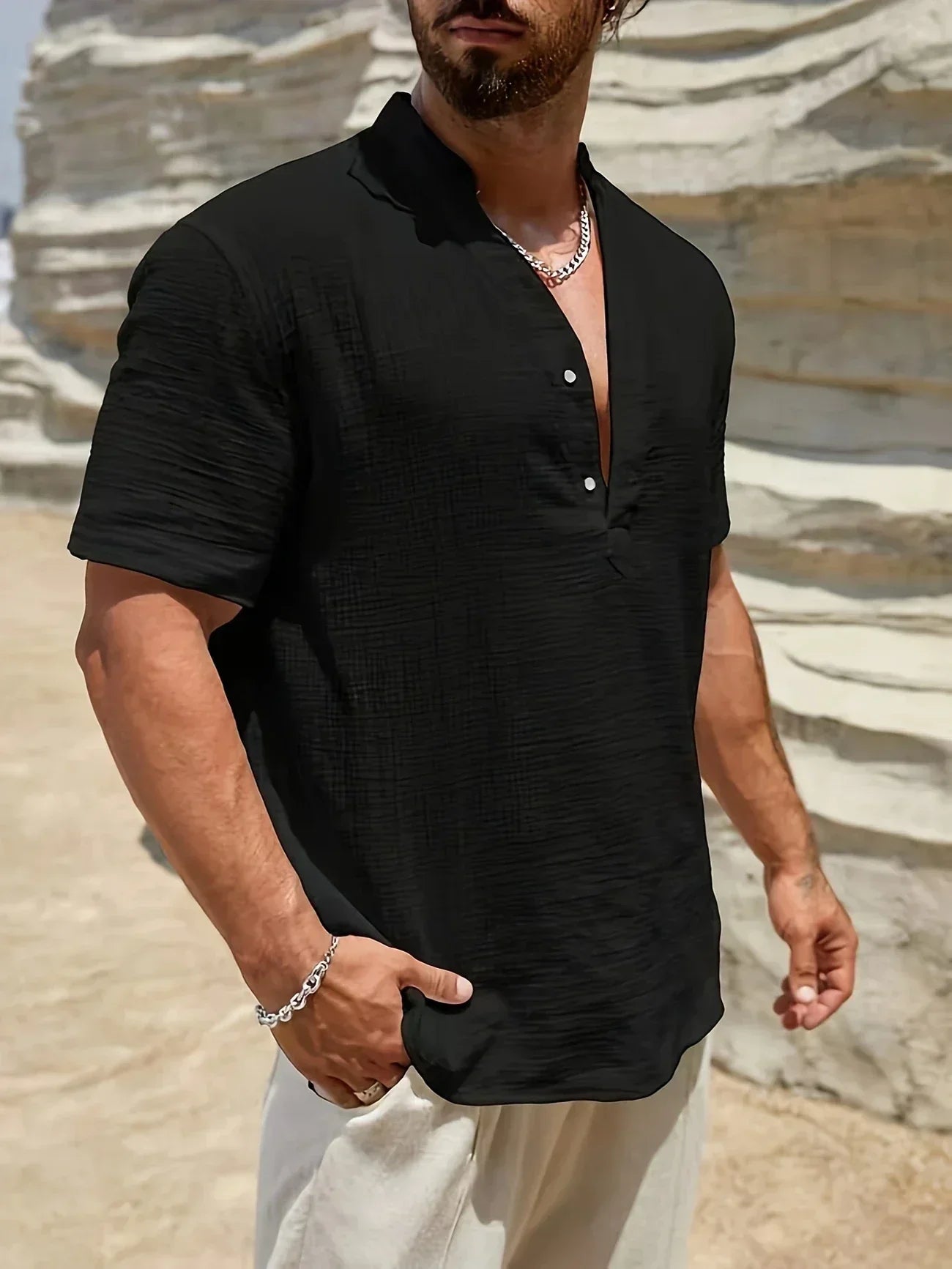 Marcel | Elegancka letnia koszula z wysokim kołnierzem